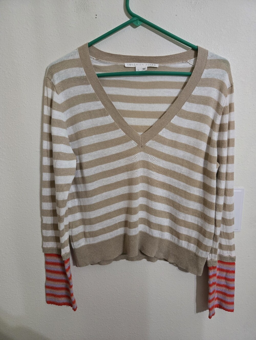 Veronica Beard Beige & White Striped V-Neck Sweater with Coral Accent Cuffs